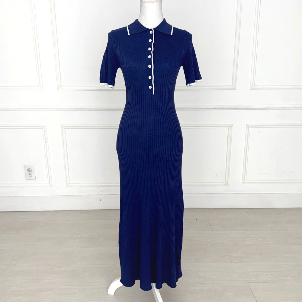 Navy Blue White Ribbed Knit Maxi Dress Short Sleeve Polo Collar Bodycon Small